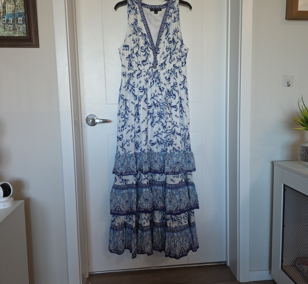 Boston Proper Blue and White Sleeveless Tiered Maxi Dress